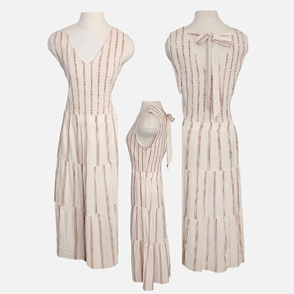 Wonderly Dress Cotton Striped Midi Smocked Bodice & Back Tie Neck Cream Size XL - Picture 14 of 14